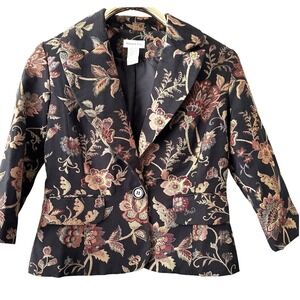 Monroe & Main Blazer Women Size 8 Black Floral Tapestry Single Button Jacket USA